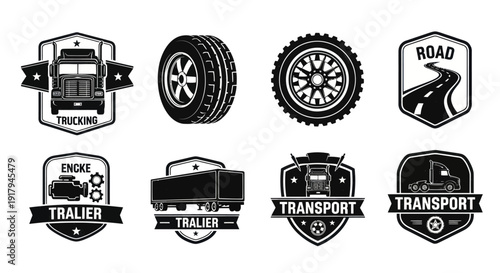 A collection of black-and-white transportation-themed badges featuring trucks, trailers, and tires