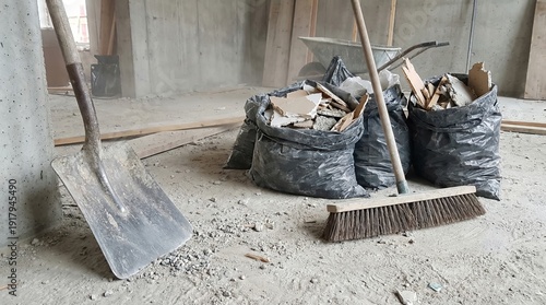 Wallpaper Mural Construction site cleanup with shovel, broom, debris bags, and wheelbarrow Torontodigital.ca