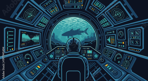 Pilot controls spacecraft observing shark from cockpit view with futuristic technology interface