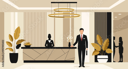 Man in suit standing at hotel reception desk with staff and plants in a modern lobby