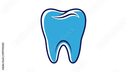 A cartoon-style tooth is depicted, with blue enamel and a dark blue outline, on a white background
