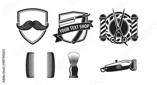 A collection of vintage barber shop icons including scissors, combs, and shaving equipment