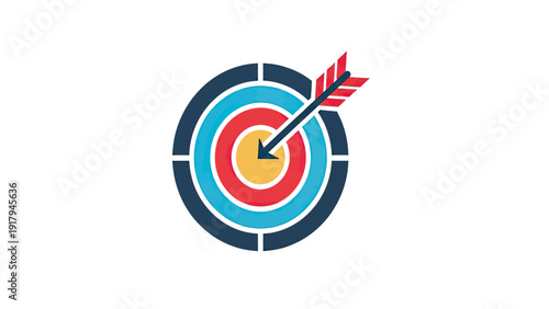 A colorful bullseye with an arrow piercing the center, set against a white backdrop
