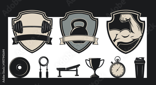 A collection of fitness icons featuring a barbell, kettlebell, muscular arm, and various gym tools