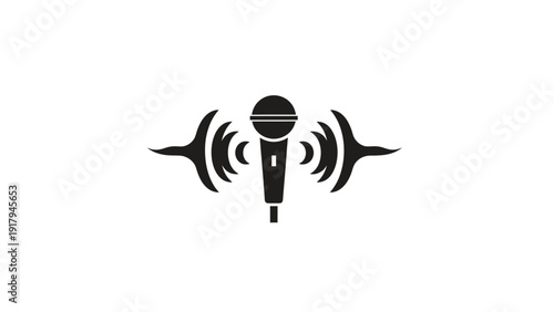Silhouette microphone with soundwaves extending outwards on a white background