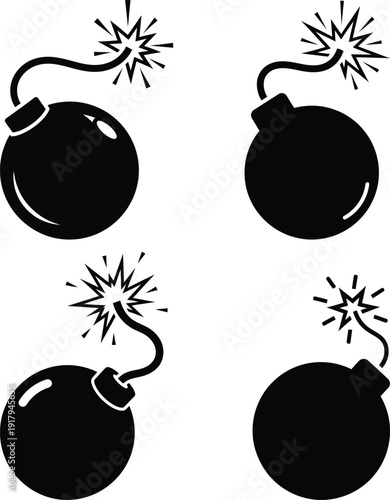 Four black bomb illustrations with lit fuses and sparks