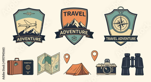 A collection of travel-themed elements including badges, luggage, a map, and adventure gear