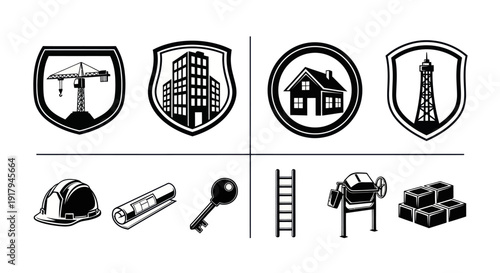 Four shields displaying construction icons and tools, including a crane, buildings, house, and tower