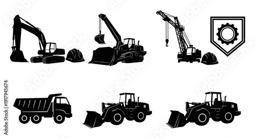 A collection of construction machinery silhouettes arranged on a white background with safety gear