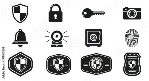 A collection of security-themed icons including shields, locks, keys, alarms, and fingerprints