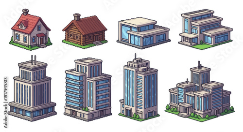 A collection of eight diverse buildings, including cozy homes and modern skyscrapers, showcasing varied architectures