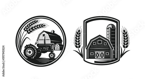 Two vintage-style farm logos featuring a tractor and traditional barn silhouettes with wheat