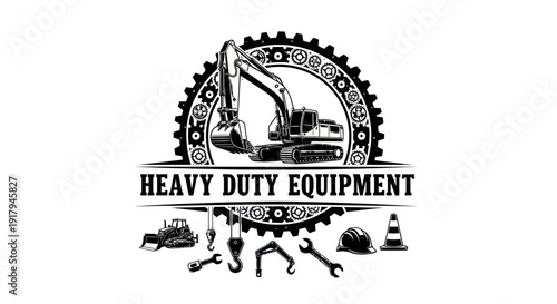 A bold graphic depicting heavy machinery, tools, and construction elements centered around gear motifs