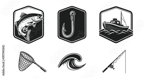 A collection of fishing-themed icons, depicting a fish, hook, boat, net, wave, and fishing rod