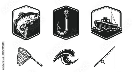 Collection of fishing-themed icons including a trout, fishing hook, boat, net, wave, and rod