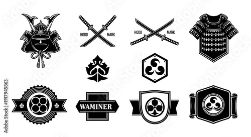 A collection of stylized black-and-white logos and emblems featuring samurai elements and designs