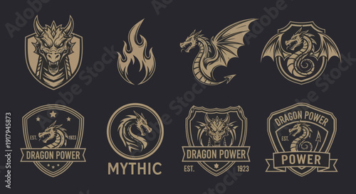 A collection of dragon-themed logos, featuring shields, flames, and various stylized designs
