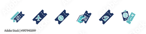 voucher ticket icon set bicolor style. entry pass for cinema, sport, event, concert, flight, sport, transport, show reservation booking coupon symbol illustration