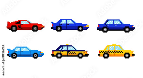 Six pixelated cars in vibrant colors, featuring a red sports car, blue variations, and a taxi