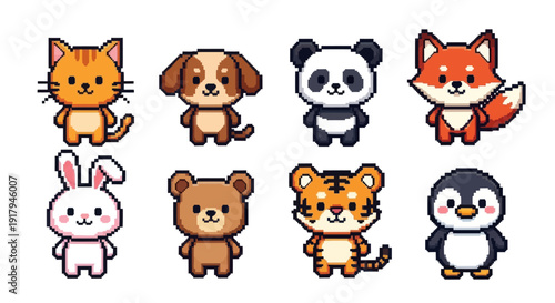 A colorful collection of cute pixel art animals arranged in a grid, showcasing various species