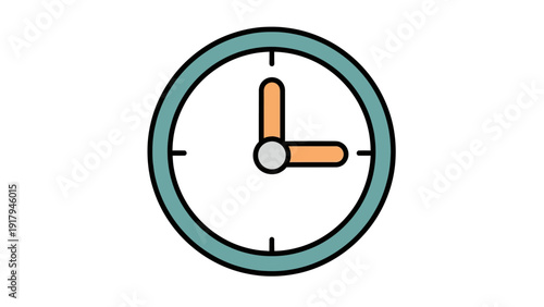 A circular clock face with teal border, black outline, and orange hands pointing to three o'clock