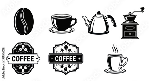 A monochrome illustration featuring coffee beans, cups, a kettle, a grinder, and decorative signs