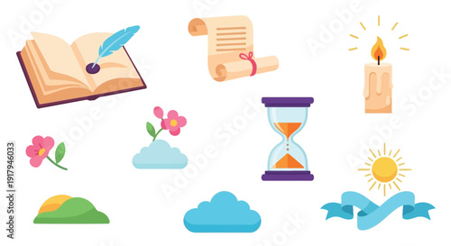 A collection of literary, time, and nature-themed icons including a book, quill, scroll, candle, hourglass, sun, flowers, and clouds.