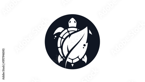 A white turtle and leaf graphic within a dark circle on a white background