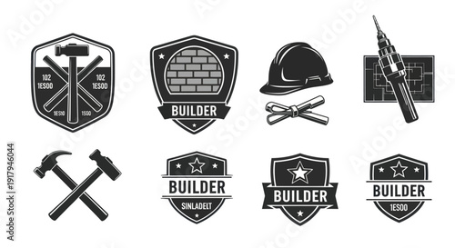 A collection of construction-themed emblems featuring tools, hard hats, and builder symbols