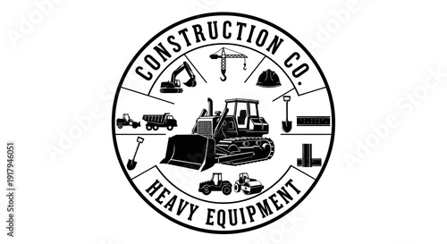 Circular logo featuring various construction equipment and tools, emphasizing heavy machinery