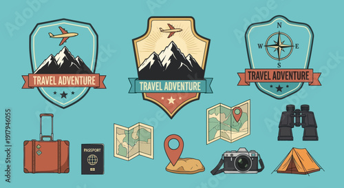 A vibrant montage of travel-themed icons featuring badges, luggage, maps, camera, and compass