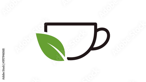 A minimalist logo featuring a tea cup with a leaf graphic, set against a white backdrop