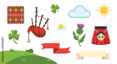 A vibrant collection of Scottish and Irish cultural symbols including bagpipes, tartan, kilt, thistle, shamrocks, and banners on a green hill.
