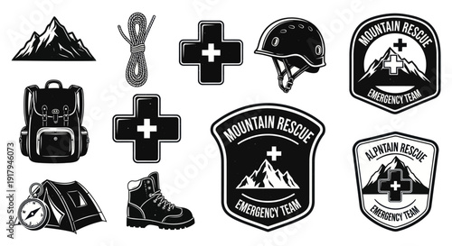 A collection of mountain rescue symbols including gear like helmets, backpacks, boots, and badges