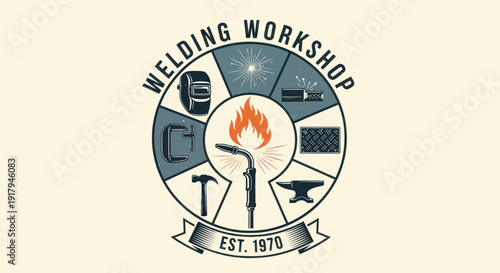 An emblem featuring welding tools and techniques, showcasing a flame and various equipment icons