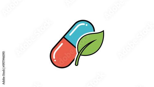 A colorful capsule icon with a green leaf, suggesting natural medicine or healthcare