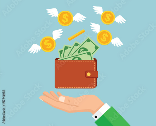 A hand holding an open wallet with cash, surrounded by flying coins with wings, against a blue background, symbolizing money swiftly leaving.
