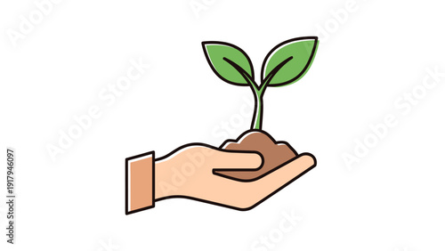 A stylized hand cradles soil and a young plant with two green leaves on a white background