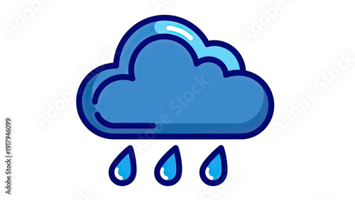 A cartoon-style illustration of a blue cloud with rain drops, on a white background