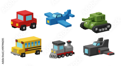 A collection of six colorful, stylized vehicles including a car, airplane, tank, school bus, train, and spaceship