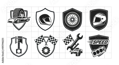 A grid of automotive-themed badges featuring cars, helmets, tires, and tools representing speed