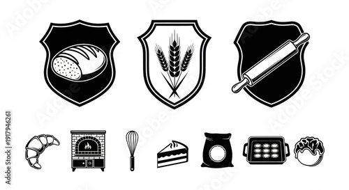 A collection of culinary-themed icons showcasing bread, wheat, rolling pin, and baking equipment