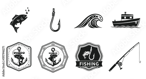 A collection of fishing-themed graphics including a fish, hook, wave, boat, and emblems