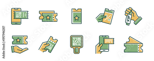 ticket voucher entry pass icon line set. hand hold vip access coupon with qr code for cinema, sport, flight, train, event, concert booking ticket signs vector illustration