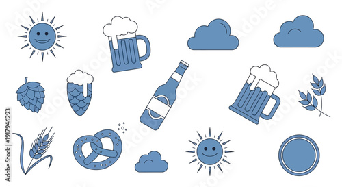 A collection of blue and white icons representing beer, pretzels, hops, wheat, clouds, and smiling suns, suggesting a festive outdoor occasion.