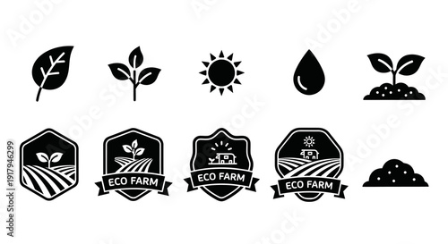 A collection of eco-farming icons leaves, sun, water, and badges representing sustainable agriculture