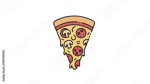 Cartoon slice of pizza with pepperoni and mushrooms, dripping with cheese