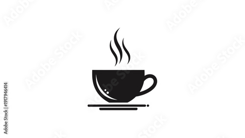 A black and white vector graphic of a cup of coffee with steam rising
