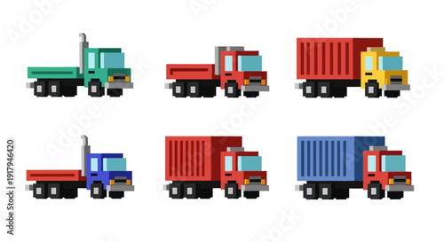 A grid of six pixelated trucks in various colors including green, red, yellow, and blue