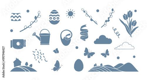A collection of blue Easter-themed icons and illustrations, including eggs, flowers, butterflies, and landscapes, presented on a white background.